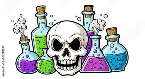 Cartoon style illustration of a skull surrounded by bubbling, colorful laboratory beakers and test tubes, depicting a mad science or dangerous chemical experiment on an isolated white background.