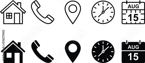 Interface icon set. Phone receiver, home, location pin, clock and calendar elements form a clean contact vector illustration. Navigation and scheduling symbol. Call and visit planning sign.