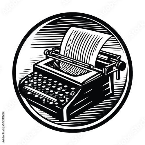 Linocut labor day vector design featuring a vintage typewriter with paper in a round frame. Vintage woodcut circular emblem for journalism, writing, office, and literature work.