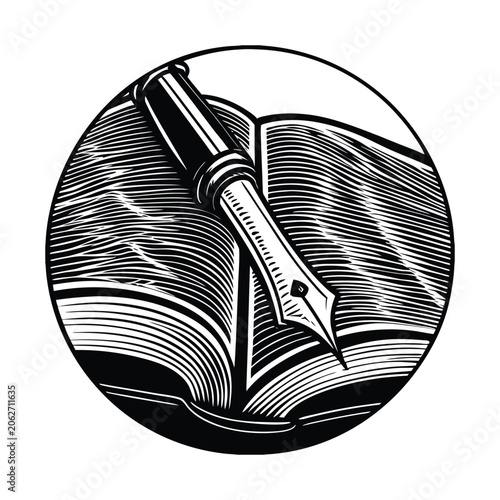 Linocut labor day vector design featuring a classic fountain pen writing on an open book in a round frame. Vintage woodcut circular emblem for education, literature, and legal work.