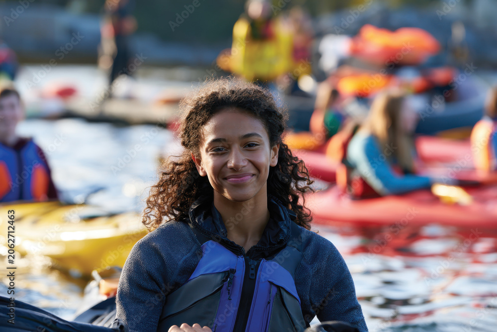 Fototapeta premium A confident young woman stands on the bank after her kayaking session, showcasing her achievement and connection to nature, radiating a sense of fulfillment and adventure.