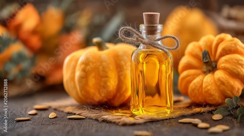 Artisanal pumpkin seed oil bottle surrounded by decorative pumpkins and seeds on rustic wooden table