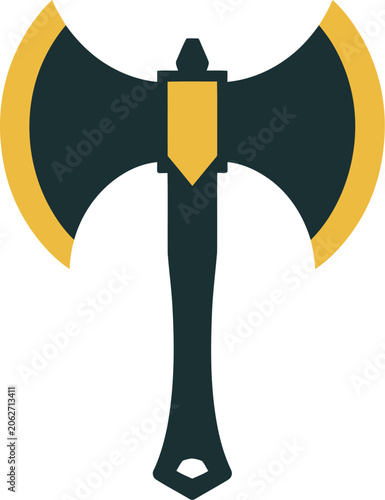 Flat of a double sided battle axe with dark grey blades and yellow edges, isolated on a white background