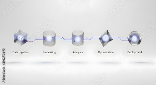 Data processing workflow diagram with 3D geometric icons, digital information pipeline for analysis and optimization, futuristic tech infrastructure