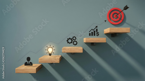Wooden stairs showing business growth with target and light bulb