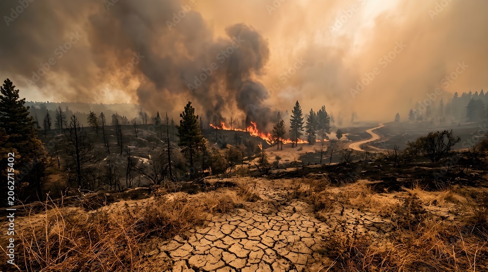 Fototapeta premium Wildfire burning through a droughtstricken landscape