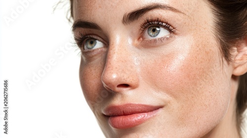 Close-up of a young woman with clear skin and bright eyes looking upward