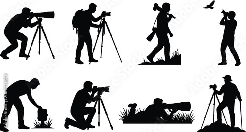 Konstfotografi Wildlife Photographer Silhouette Collection with Camera, Tripod and Nature Obser