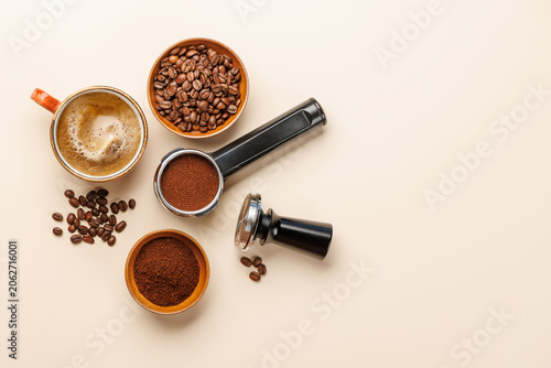Εκτύπωση καμβά Espresso coffee setup with beans tamper and portafilter top view