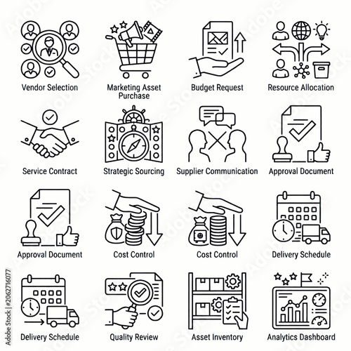 Set of business icons representing procurement, finance, and management processes.