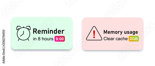 Reminder notification and memory usage alert pop up messages