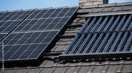 Extreme close-up of a house roof with a photovoltaic system and solar thermal collectors, minimalist sustainable energy concept