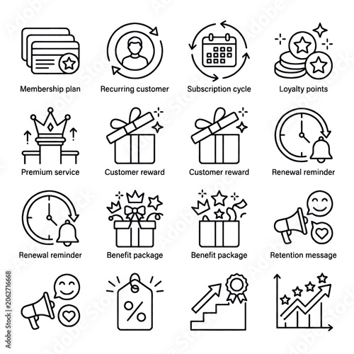 Quadro su tela Set of icons representing customer loyalty, rewards, and business growth strategies