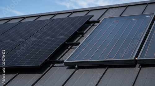 Extreme close-up of a house roof with a photovoltaic system and solar thermal collectors, minimalist sustainable energy concept