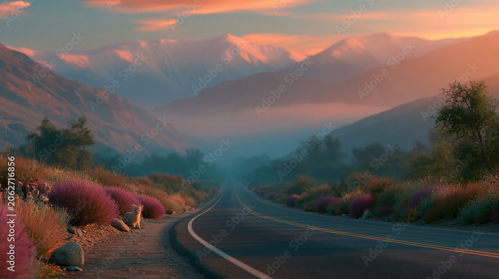 Fototapeta premium Scenic mountain road at sunrise, bathed in soft golden light with misty valleys and vibrant wildflowers