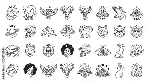 Εκτύπωση καμβά Cosmic Animal Spirit Elements Icons Sets Pack, Editable Vectors Strokes Illustrations