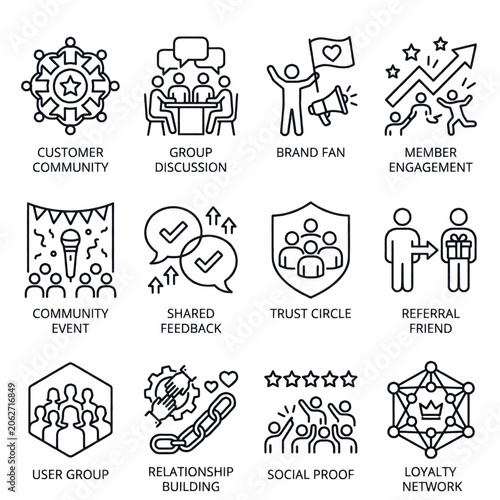Collection of line icons representing customer engagement and community building strategies.