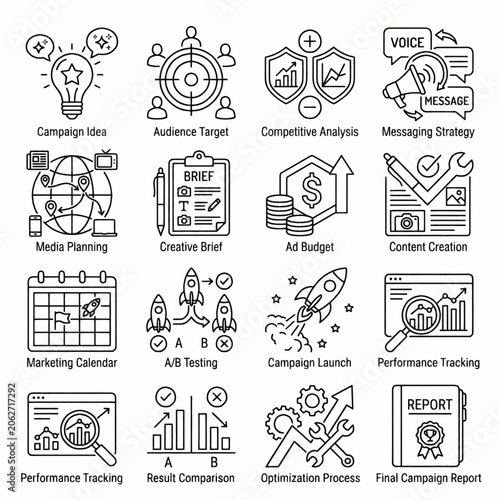 Obraz na płótnie Collection of flat line icons representing various digital marketing and business strategy concepts for online campaigns