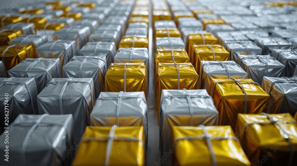 Fototapeta premium Rows of Wrapped Packages in Warehouse Arrangement
