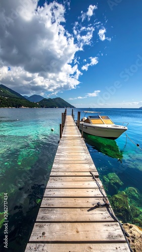Wooden pier stretches into clear blue waters, a small boat docked, with mountains visible in the distance