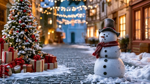 Festive Winter Street Scene with Snowman, Christmas Tree and Fairy Lights in Cozy Neighborhood