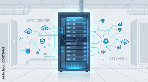 This flat design illustration showcases a modern data center server rack, emphasizing robust digital infrastructure and high-tech information storage.