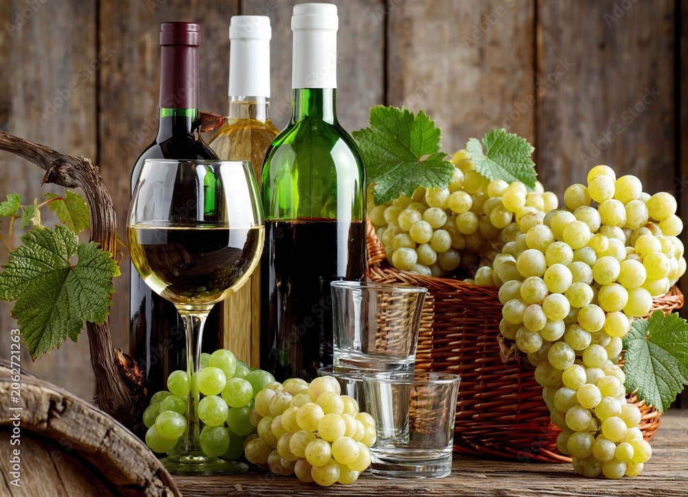 Obraz premium Elegant still life of wine bottles, glasses, and fresh green grapes on rustic wooden background