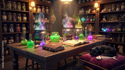 A black cat sitting on a pillow in front of a table filled with potions