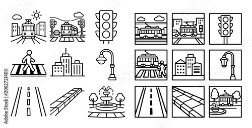 Public transportation and street UI elements with tram, traffic light and pedestrian for infographic design in flat outline style
