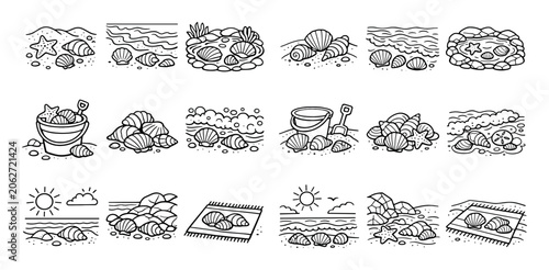 Beach and ocean concept icons with shells, starfish and bucket for summer vector art in outline style