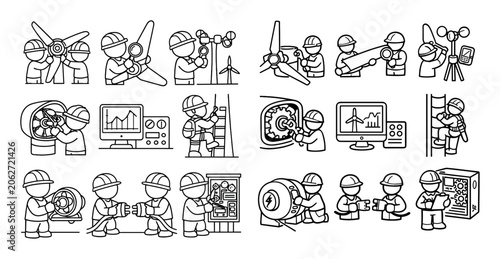 Wind energy and technician vector icons with wind turbine, engineer and control panel for renewable power design in outline style