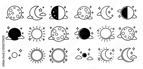 Moon and sun concept icons with phases, stars and clouds for infographic design in outline style