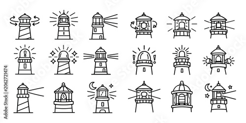 Lighthouse and navigation concept icons with beacon, tower and light for maritime infographic design in outline style