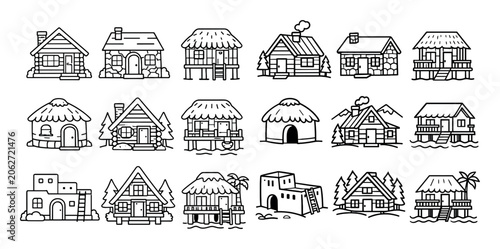 Traditional and modern design icons with huts, houses and trees for web interface design style