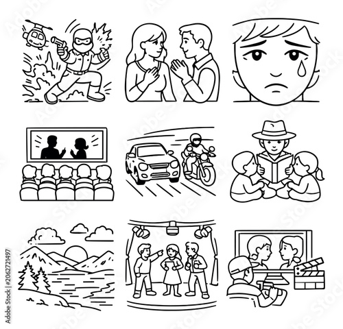 Movie and storytelling vector icons with actor, audience and director for film production design in outline style