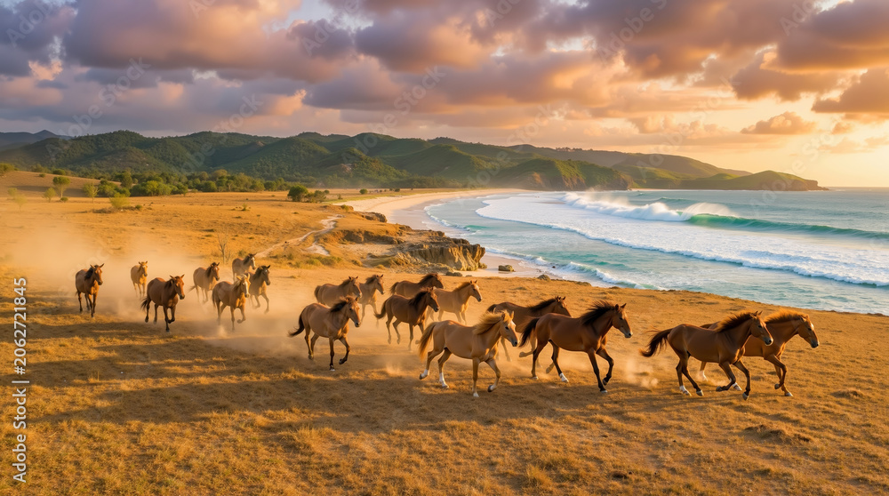 Fototapeta premium A herd of horses running across a sandy beach next to the ocean