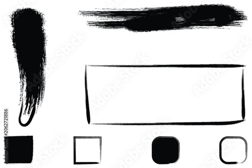 Black ink brush strokes and shapes isolated on white background artistic design elements