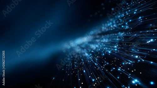 Futuristic information superhighway concept with glowing data streams on dark background.