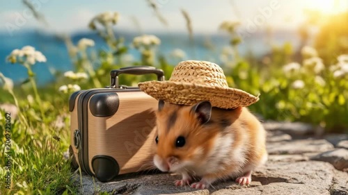 A hamster wears a straw hat and stands beside a small suitcase outdoors. The animal is ready for adventure and travel on a sunny day with a scenic background perfect for summer holiday concept.