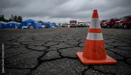 Orange traffic cone on cracked asphalt at disaster relief staging area