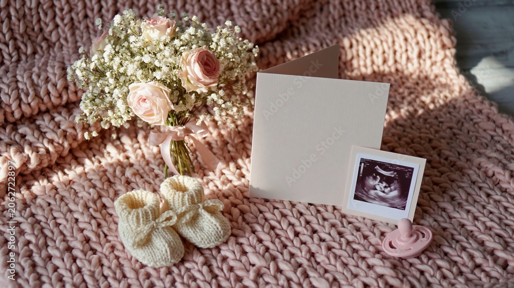 Fototapeta premium Soft Focus Newborn Baby Booties, Ultrasound Photo, and Flowers on Cozy Pink Blanket
