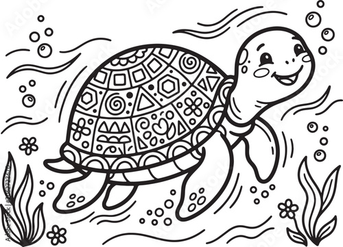 Photos Cute sea turtle coloring page with intricate mandala patterns on shell swimming in ocean with bubbles and seaweed plants for kids creative activity and education
