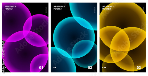 Abstract Posters Collection Vector Template with Glowing Neon Circles on Black for Modern Minimalist Cover Designs