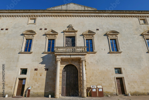 The facade of an ancient noble palace in Melpignano, a small town in the province of Lecce, Italy.