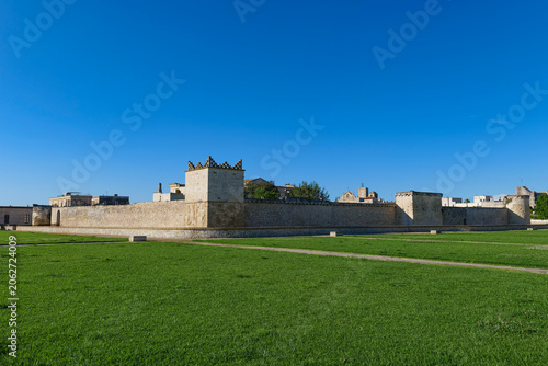 The walls of a medieval castle in Melpignano, a village in the province of Lecce, Italy.