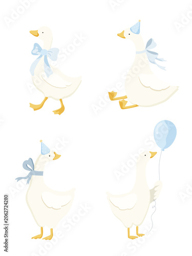 Cute White Geese with Blue Bows Balloons and Party Hats Collection