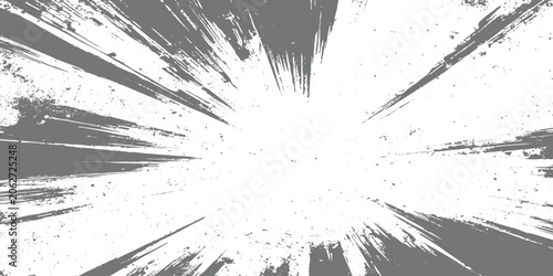 Grunge radial burst background with black distressed lines spreading from center on white, rough texture, abstract explosion pattern, high contrast, edgy minimalist style vector illustration.