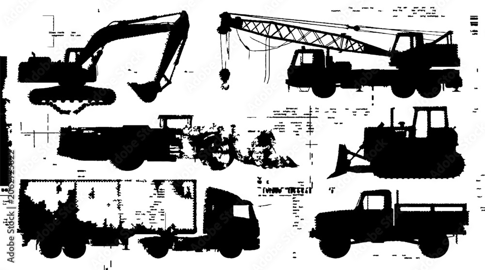 Obraz premium Set of black silhouettes of construction and industrial vehicles 1.