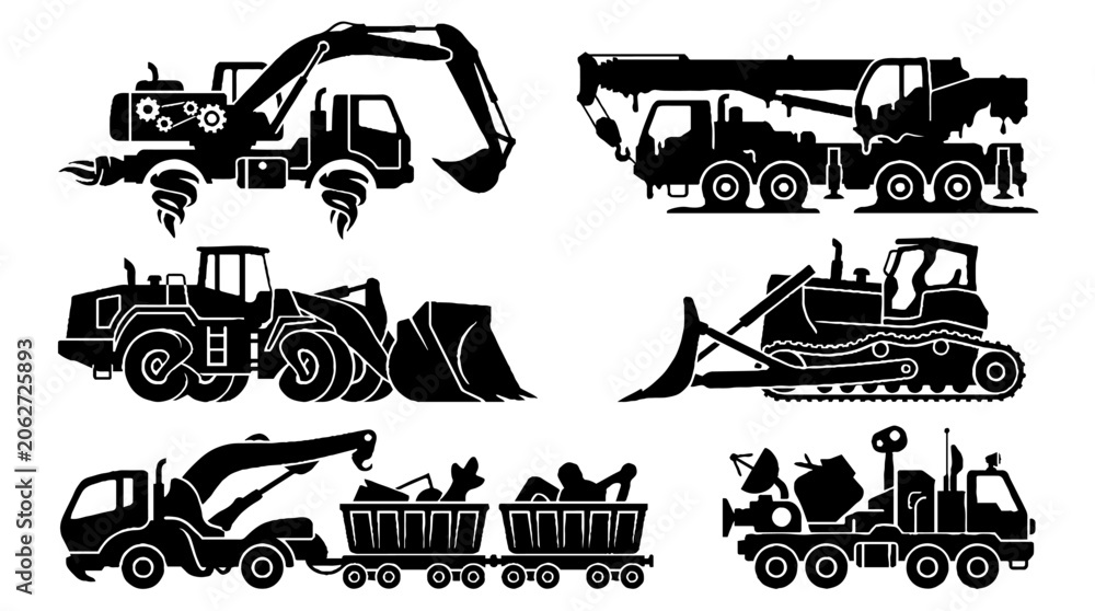 Obraz premium Set of black silhouettes of construction and industrial vehicles.