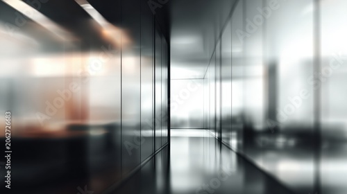 Modern Office Corridor with Reflective Glass Walls and Soft Lighting